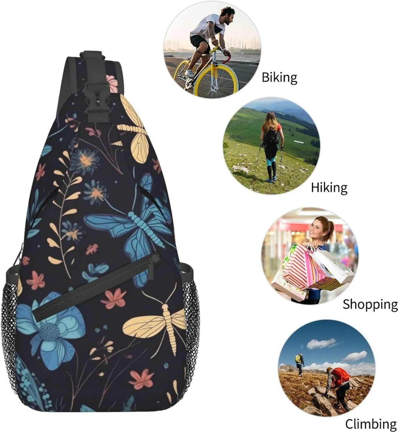 Crossbody Sling Backpack Sling Bag For Men Women Cross Chest Bag Shoulder Bag Floral Dragonfly Pattern Travel Hiking Daypack