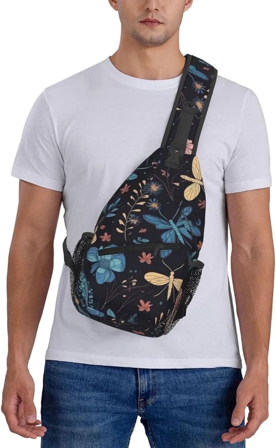 Crossbody Sling Backpack Sling Bag For Men Women Cross Chest Bag Shoulder Bag Floral Dragonfly Pattern Travel Hiking Daypack