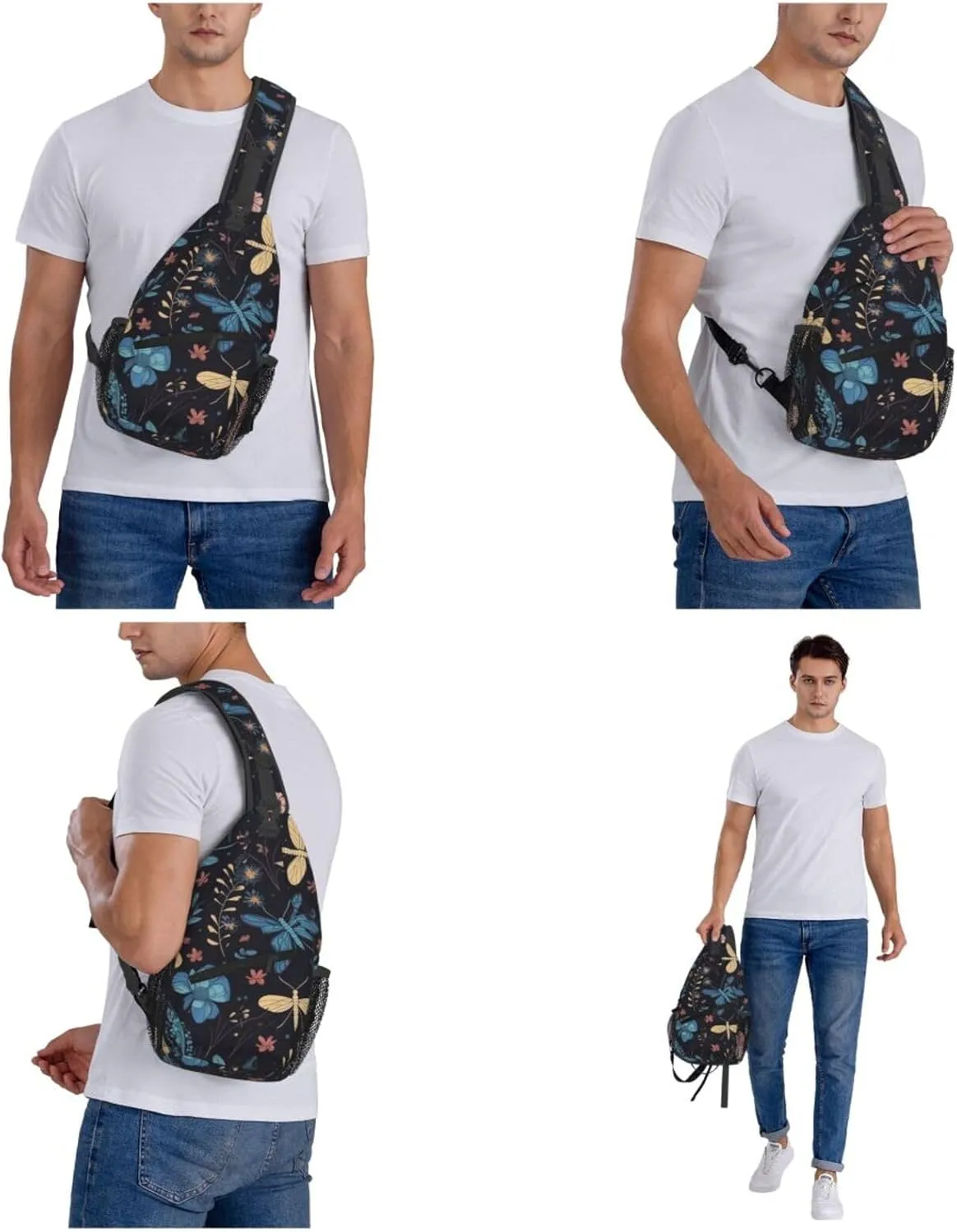Crossbody Sling Backpack Sling Bag For Men Women Cross Chest Bag Shoulder Bag Floral Dragonfly Pattern Travel Hiking Daypack