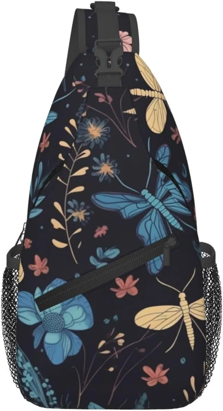 Crossbody Sling Backpack Sling Bag For Men Women Cross Chest Bag Shoulder Bag Floral Dragonfly Pattern Travel Hiking Daypack