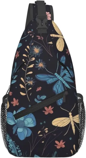 Crossbody Sling Backpack Sling Bag For Men Women Cross Chest Bag Shoulder Bag Floral Dragonfly Pattern Travel Hiking Daypack