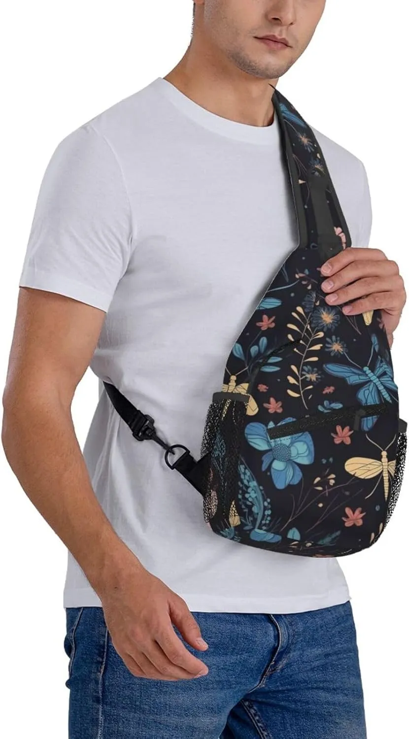 Crossbody Sling Backpack Sling Bag For Men Women Cross Chest Bag Shoulder Bag Floral Dragonfly Pattern Travel Hiking Daypack