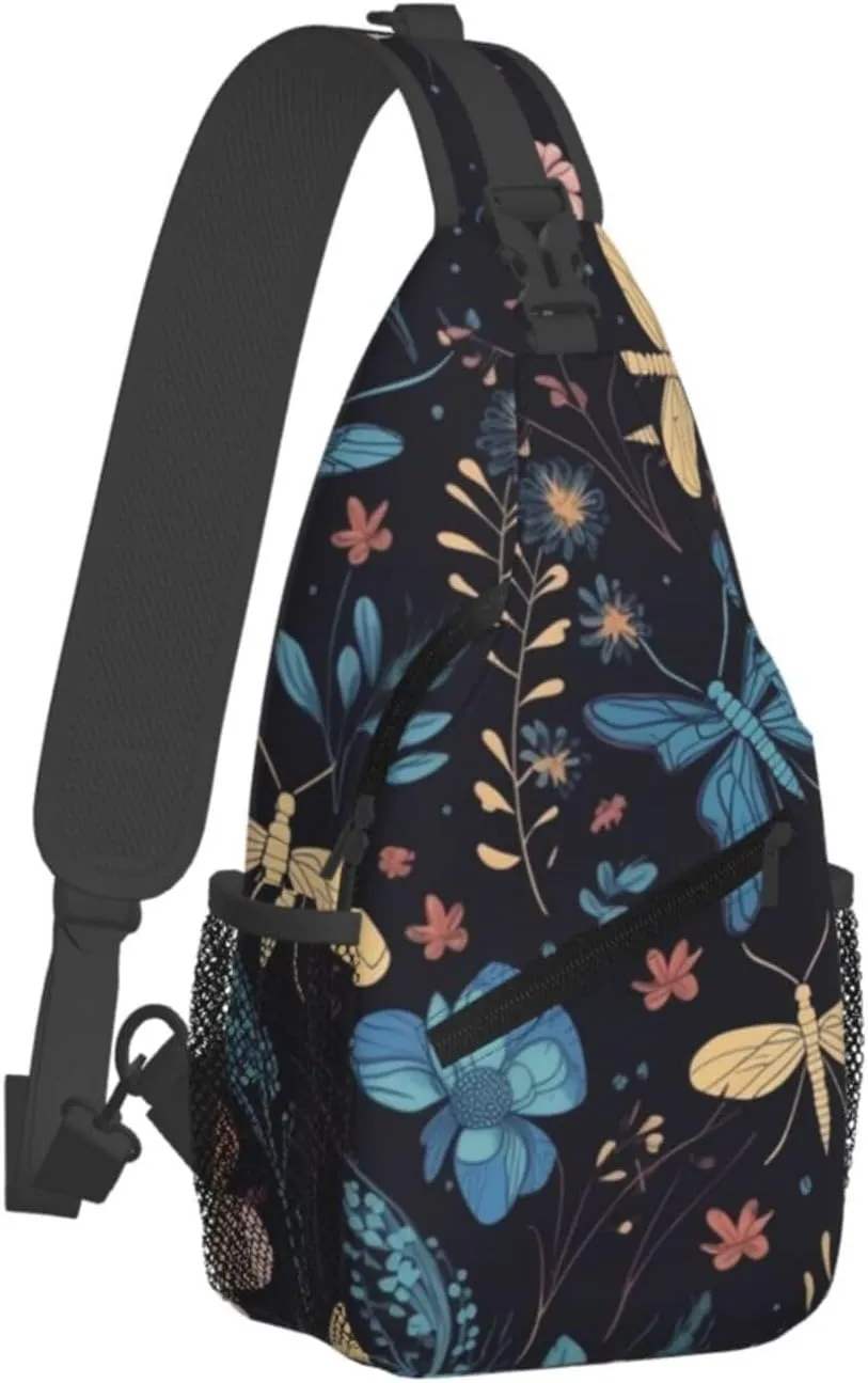 Crossbody Sling Backpack Sling Bag For Men Women Cross Chest Bag Shoulder Bag Floral Dragonfly Pattern Travel Hiking Daypack