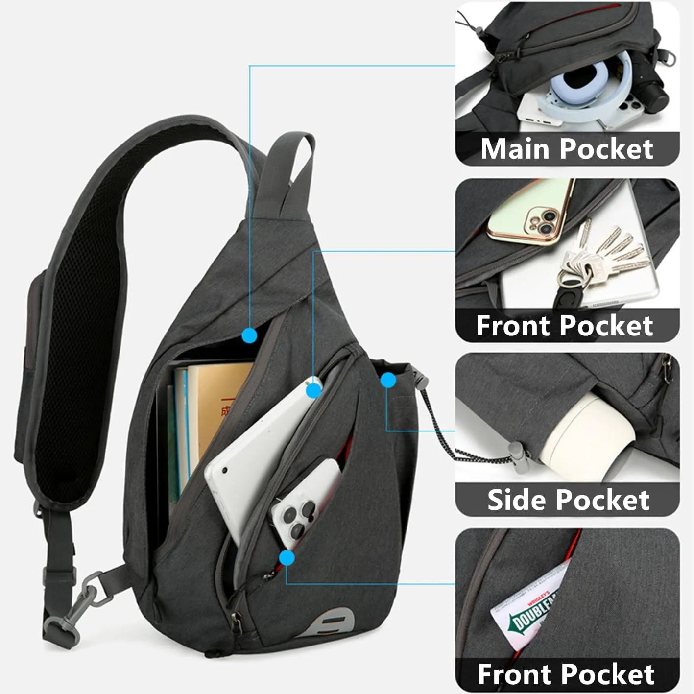 Crossbody Sling Backpack Sling Bag for Men Women Travel Hiking Chest Bag Daypack (Grey)