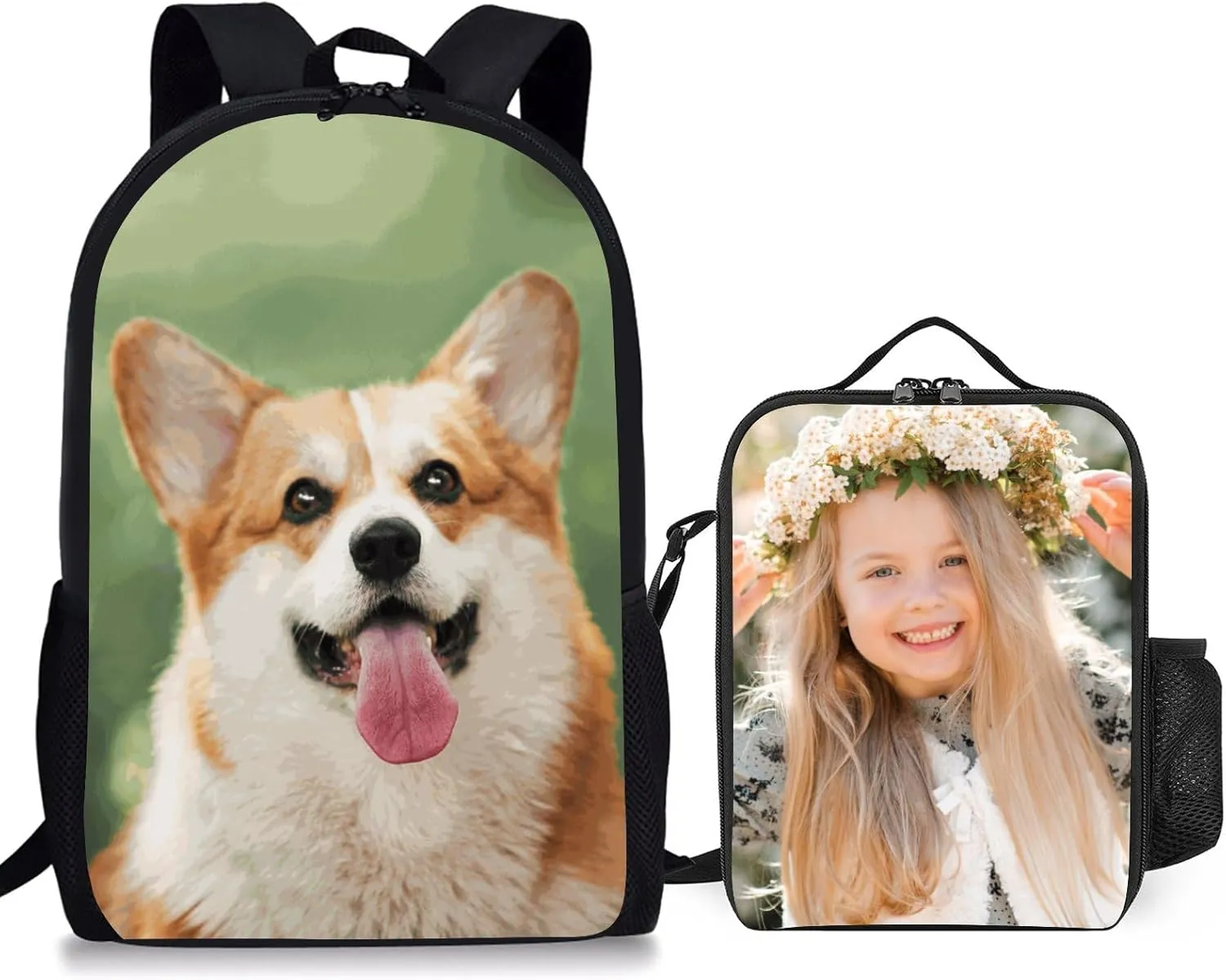 Custom Backpack and Lunch Bag Set Personalized School Backpack Design Your Own Photo Text Logo, Customized Reusable Insulated Lunch Tote Bag for Kids Men Women School Work Travel