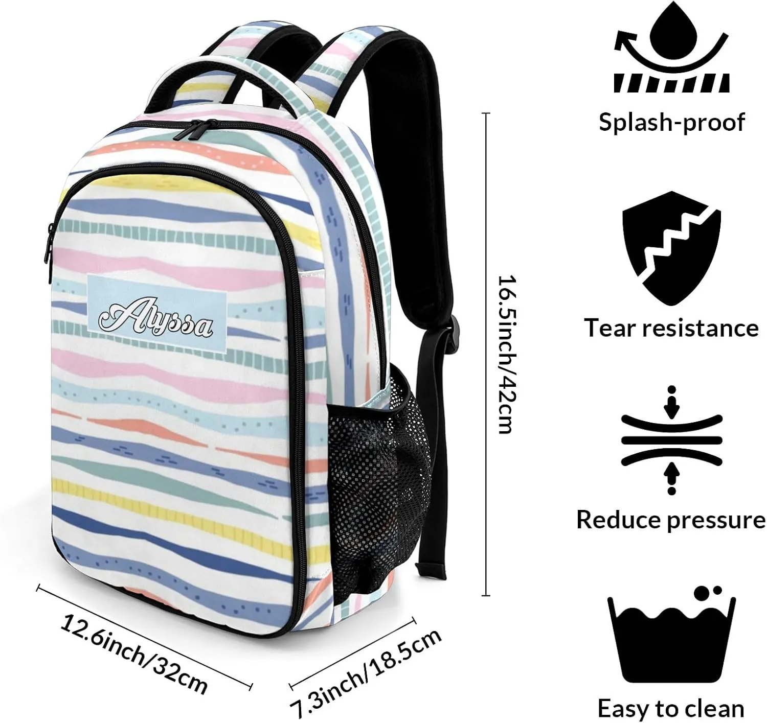 Custom Backpack with Name Rainbow Stripes Personalized Waterproof Laptop Bag Casual Bag Daypack for Travel