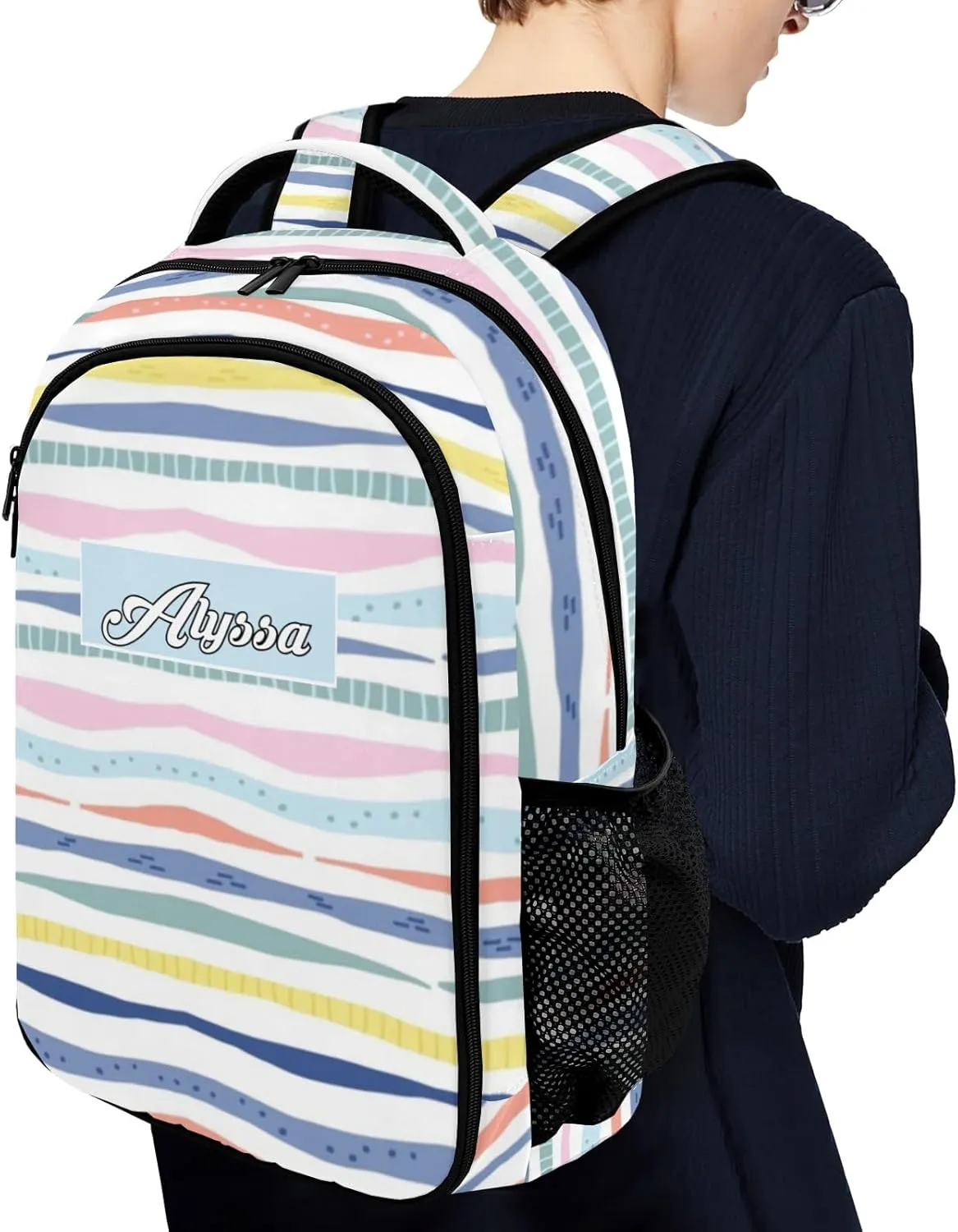 Custom Backpack with Name Rainbow Stripes Personalized Waterproof Laptop Bag Casual Bag Daypack for Travel
