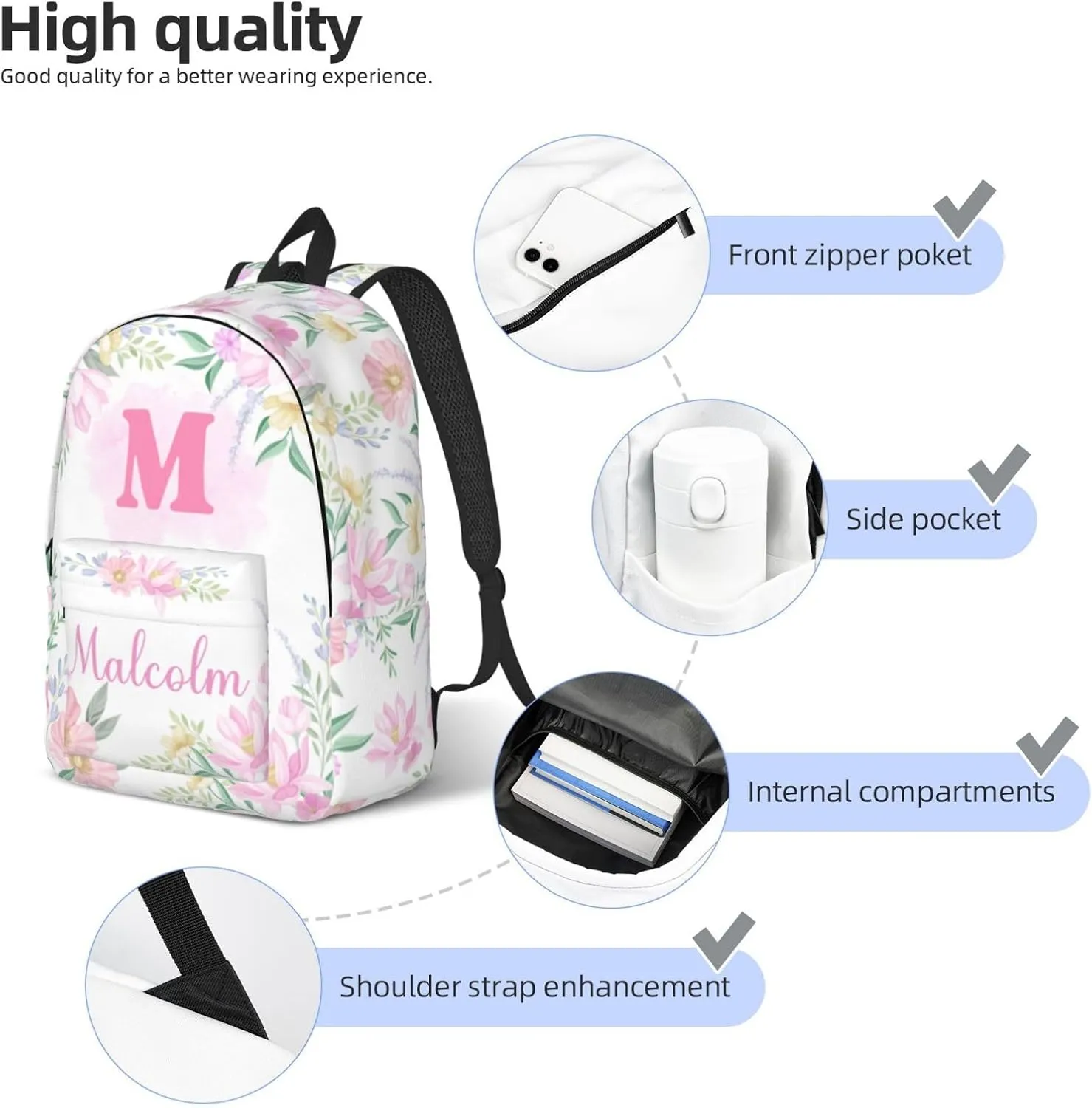 Custom Backpacks with Name for Boys Girls, Personalized Name School Backpack for Kids Teens Adults, Customized Bookbag with Shoulder Strap for School Picnic Travel