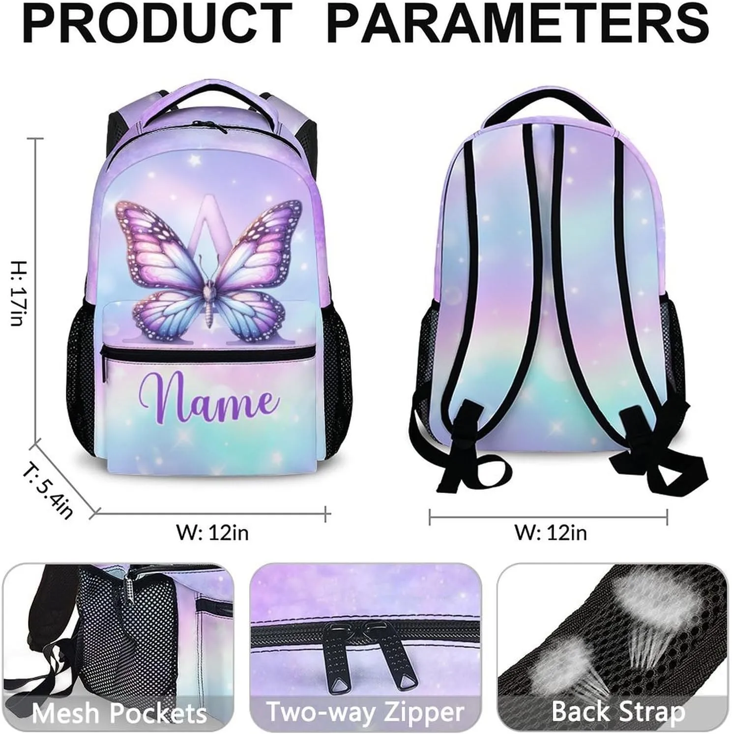 Custom Kids Backpacks, Butterfly School Backpack for Students Girls, Personalized Monogram Bookbag for Kindergarten Preschool Elementary, 17 Inch Back to School Gifts for Travel, Camping