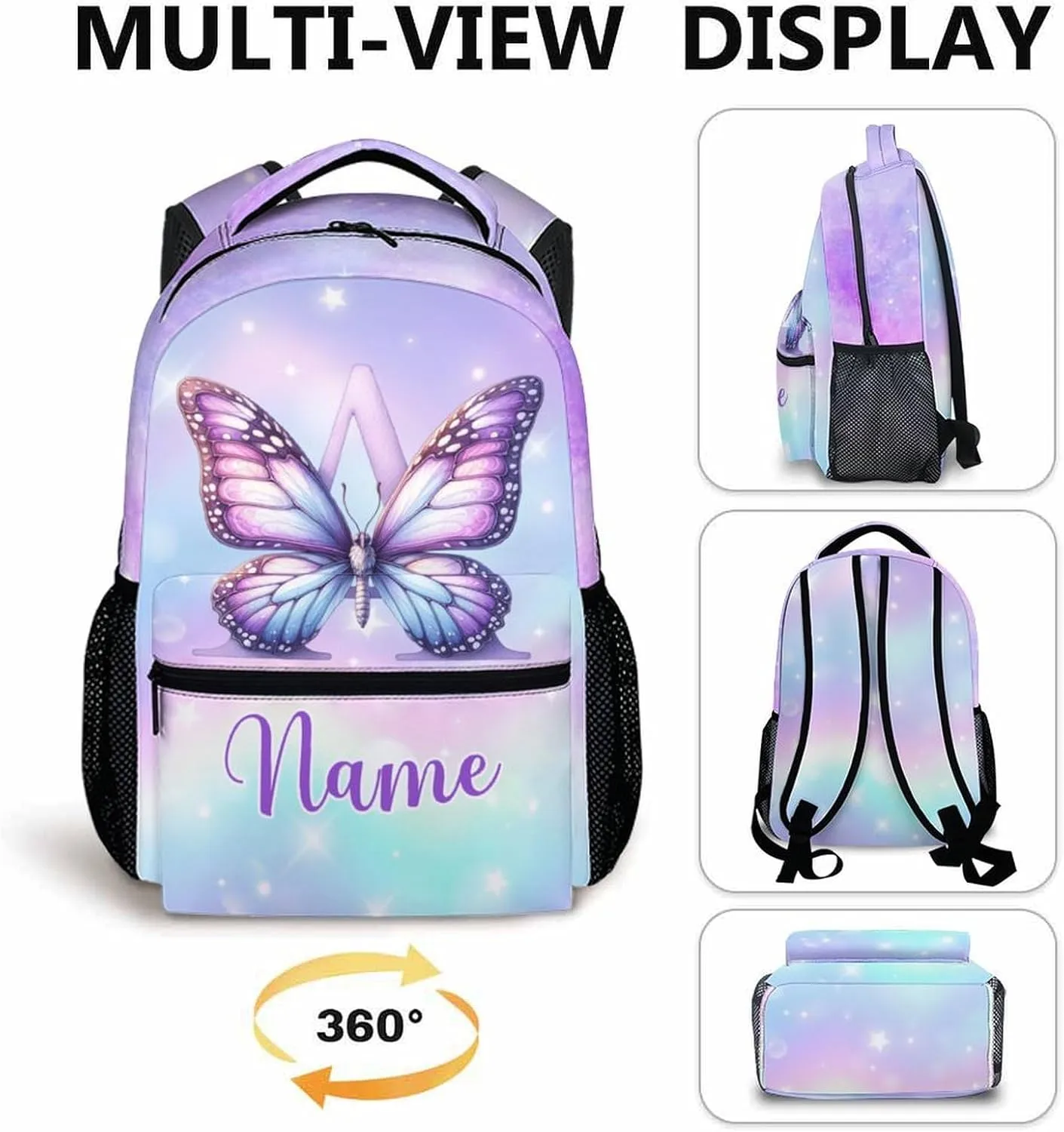 Custom Kids Backpacks, Butterfly School Backpack for Students Girls, Personalized Monogram Bookbag for Kindergarten Preschool Elementary, 17 Inch Back to School Gifts for Travel, Camping