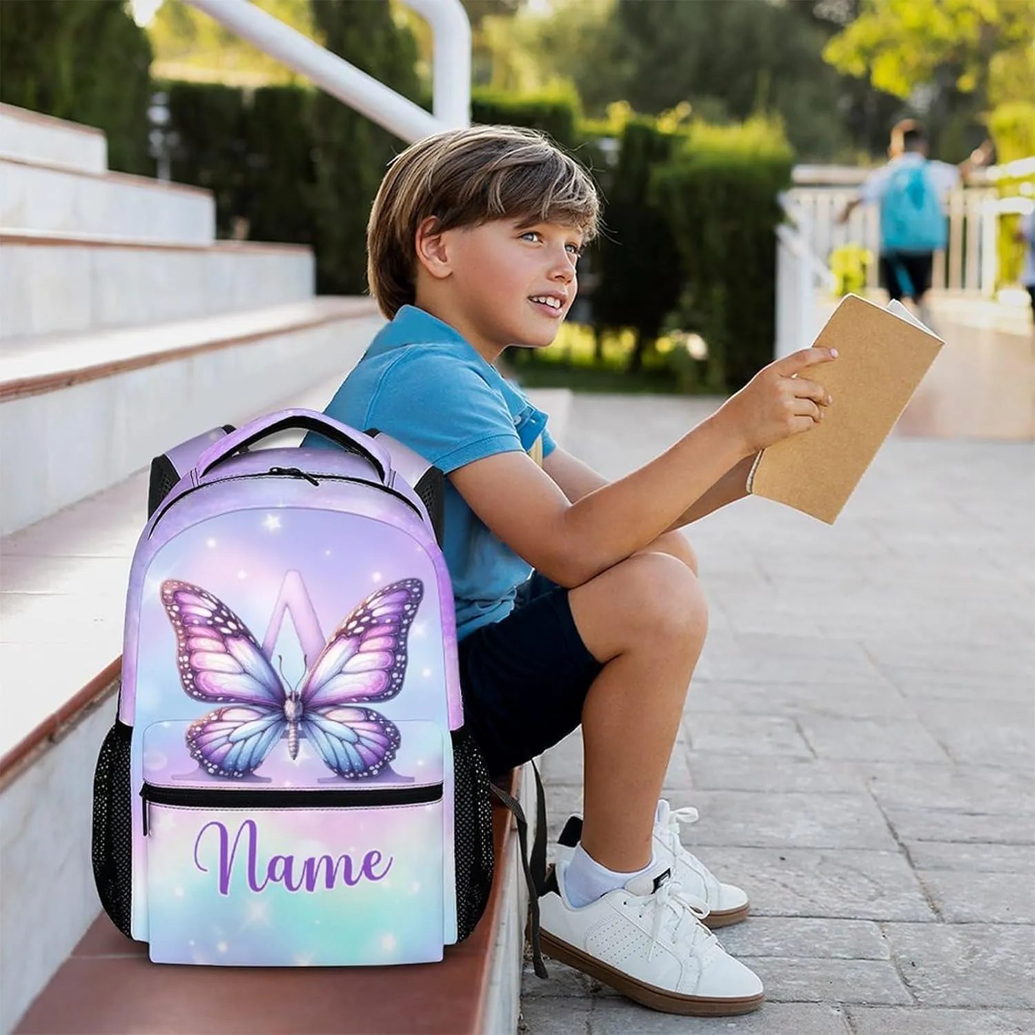 Custom Kids Backpacks, Butterfly School Backpack for Students Girls, Personalized Monogram Bookbag for Kindergarten Preschool Elementary, 17 Inch Back to School Gifts for Travel, Camping