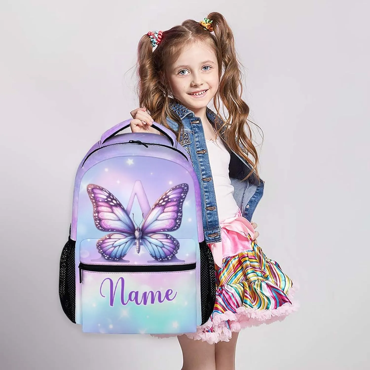 Custom Kids Backpacks, Butterfly School Backpack for Students Girls, Personalized Monogram Bookbag for Kindergarten Preschool Elementary, 17 Inch Back to School Gifts for Travel, Camping