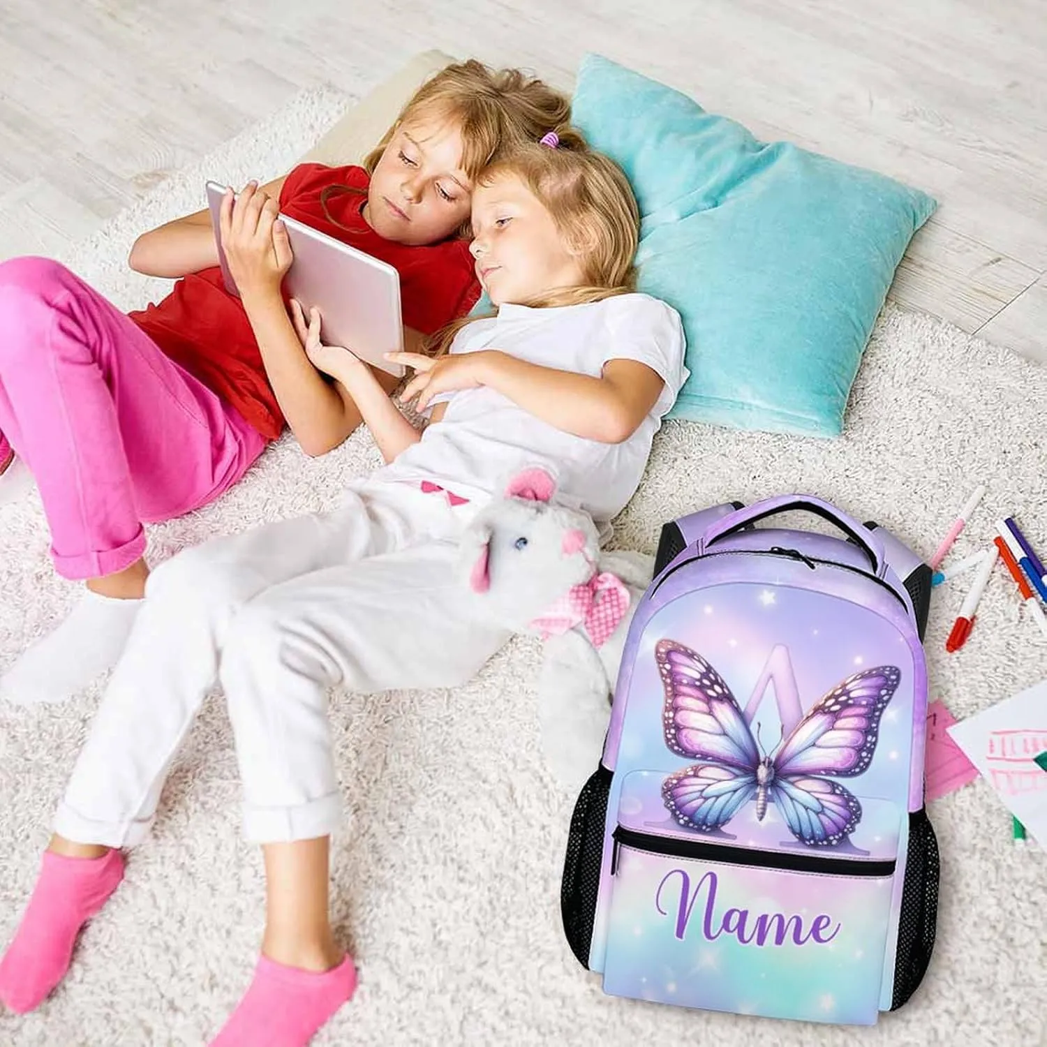 Custom Kids Backpacks, Butterfly School Backpack for Students Girls, Personalized Monogram Bookbag for Kindergarten Preschool Elementary, 17 Inch Back to School Gifts for Travel, Camping