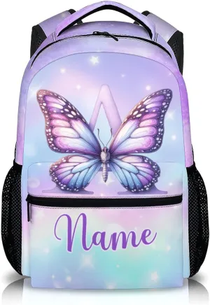 Custom Kids Backpacks, Butterfly School Backpack for Students Girls, Personalized Monogram Bookbag for Kindergarten Preschool Elementary, 17 Inch Back to School Gifts for Travel, Camping