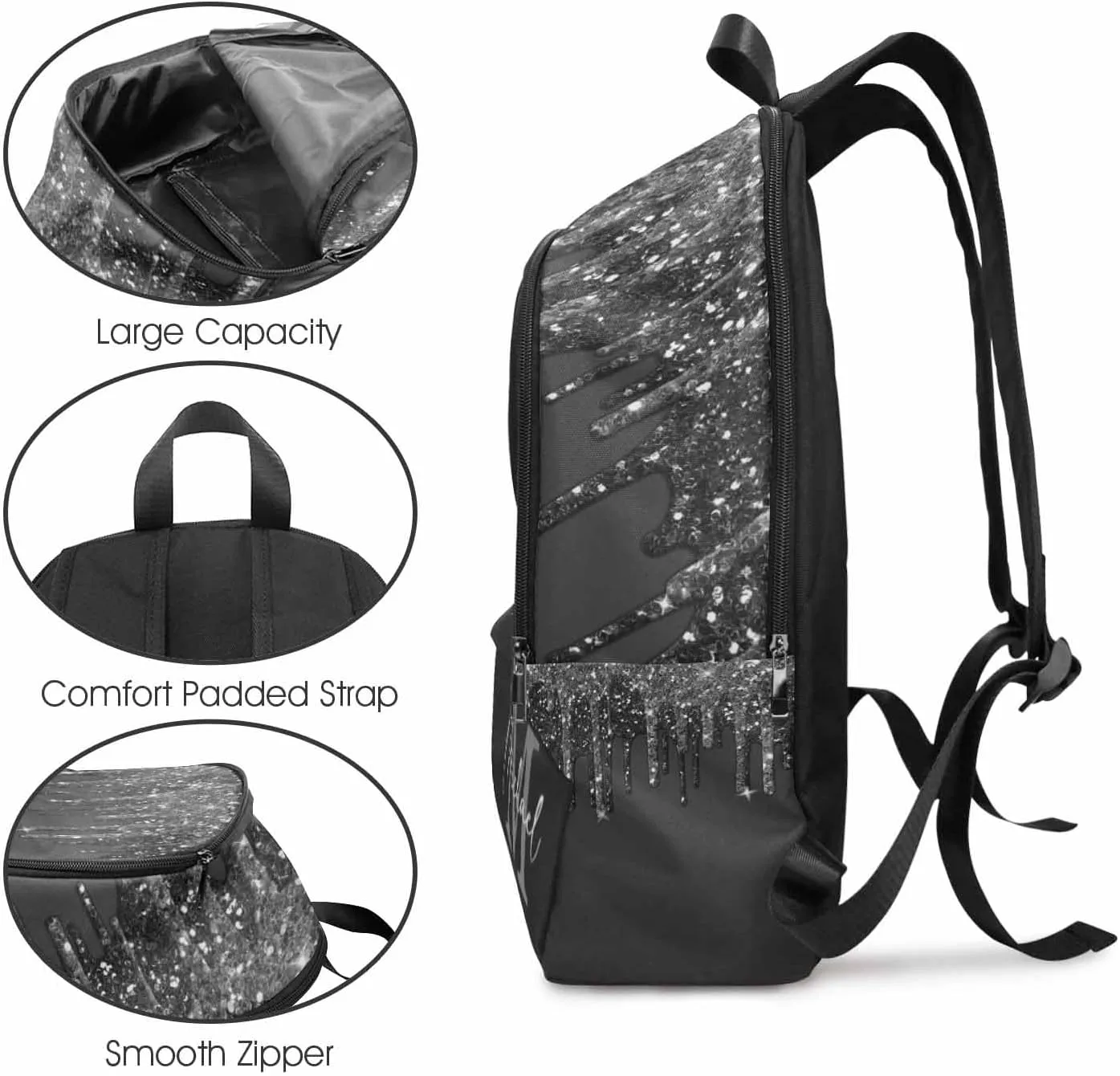 Custom Name Backpack Bag for Boys Girls, Personalized Black Glitter Drip with Initial Schoolbag Casual Backpack Customized Bookbag or Lunch Bag for Kids Unisex Back School Camping Hiking Travel