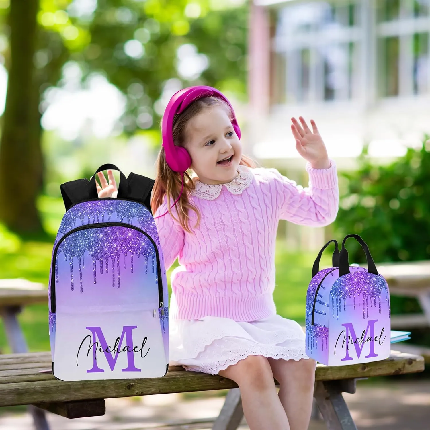 Custom Name Backpack Bag for Boys Girls, Personalized Black Glitter Drip with Initial Schoolbag Casual Backpack Customized Bookbag or Lunch Bag for Kids Unisex Back School Camping Hiking Travel