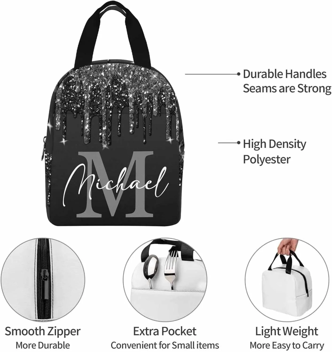 Custom Name Backpack Bag for Boys Girls, Personalized Black Glitter Drip with Initial Schoolbag Casual Backpack Customized Bookbag or Lunch Bag for Kids Unisex Back School Camping Hiking Travel