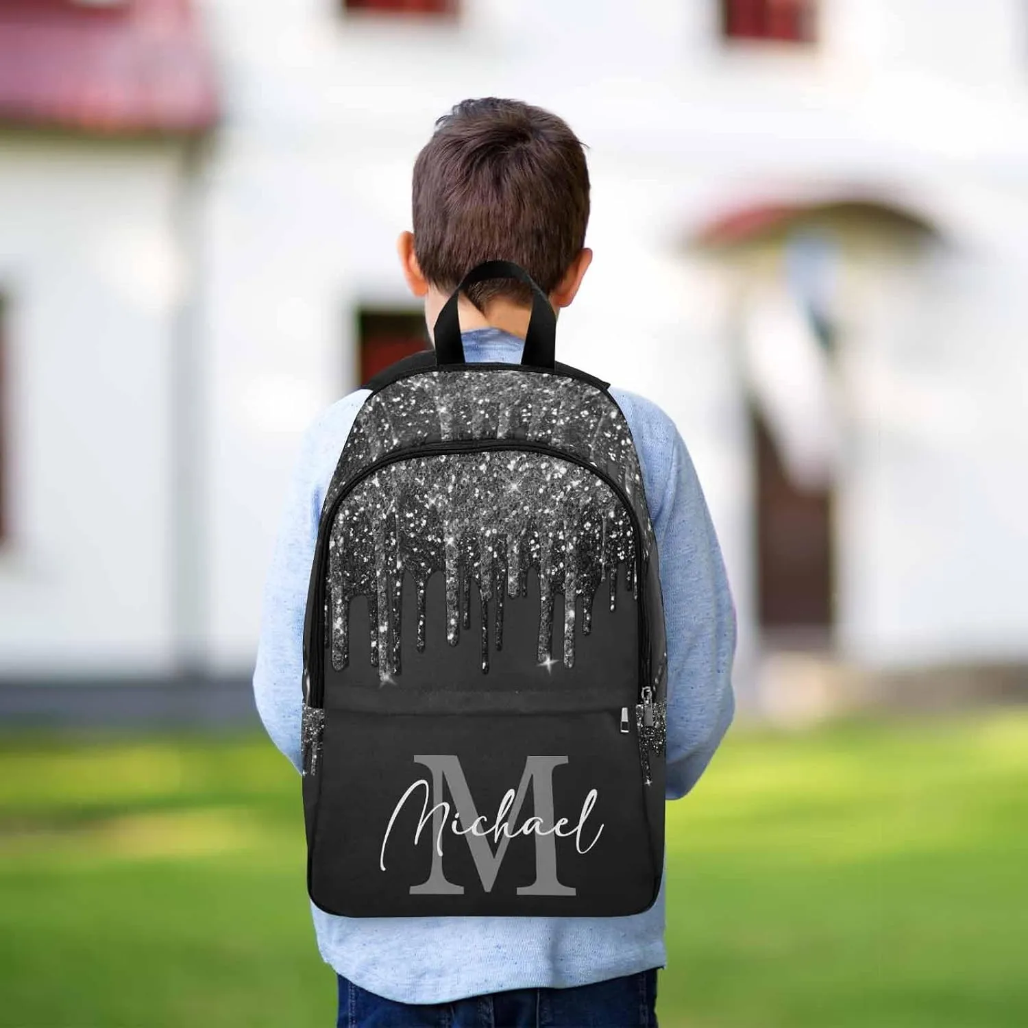 Custom Name Backpack Bag for Boys Girls, Personalized Black Glitter Drip with Initial Schoolbag Casual Backpack Customized Bookbag or Lunch Bag for Kids Unisex Back School Camping Hiking Travel