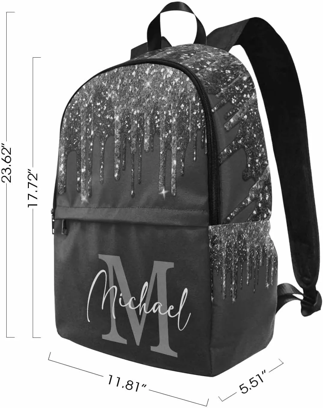 Custom Name Backpack Bag for Boys Girls, Personalized Black Glitter Drip with Initial Schoolbag Casual Backpack Customized Bookbag or Lunch Bag for Kids Unisex Back School Camping Hiking Travel