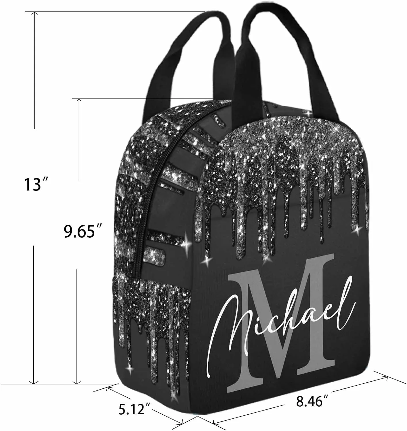 Custom Name Backpack Bag for Boys Girls, Personalized Black Glitter Drip with Initial Schoolbag Casual Backpack Customized Bookbag or Lunch Bag for Kids Unisex Back School Camping Hiking Travel