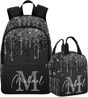 Custom Name Backpack Bag for Boys Girls, Personalized Black Glitter Drip with Initial Schoolbag Casual Backpack Customized Bookbag or Lunch Bag for Kids Unisex Back School Camping Hiking Travel