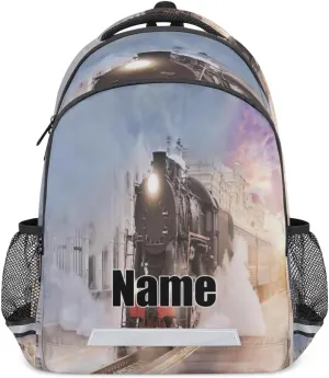 Custom Name Steam Train Departure Backpack for Women Men Casual Personalized Daypack Bag Shoulder Bag Rucksack for Travel Hiking Work