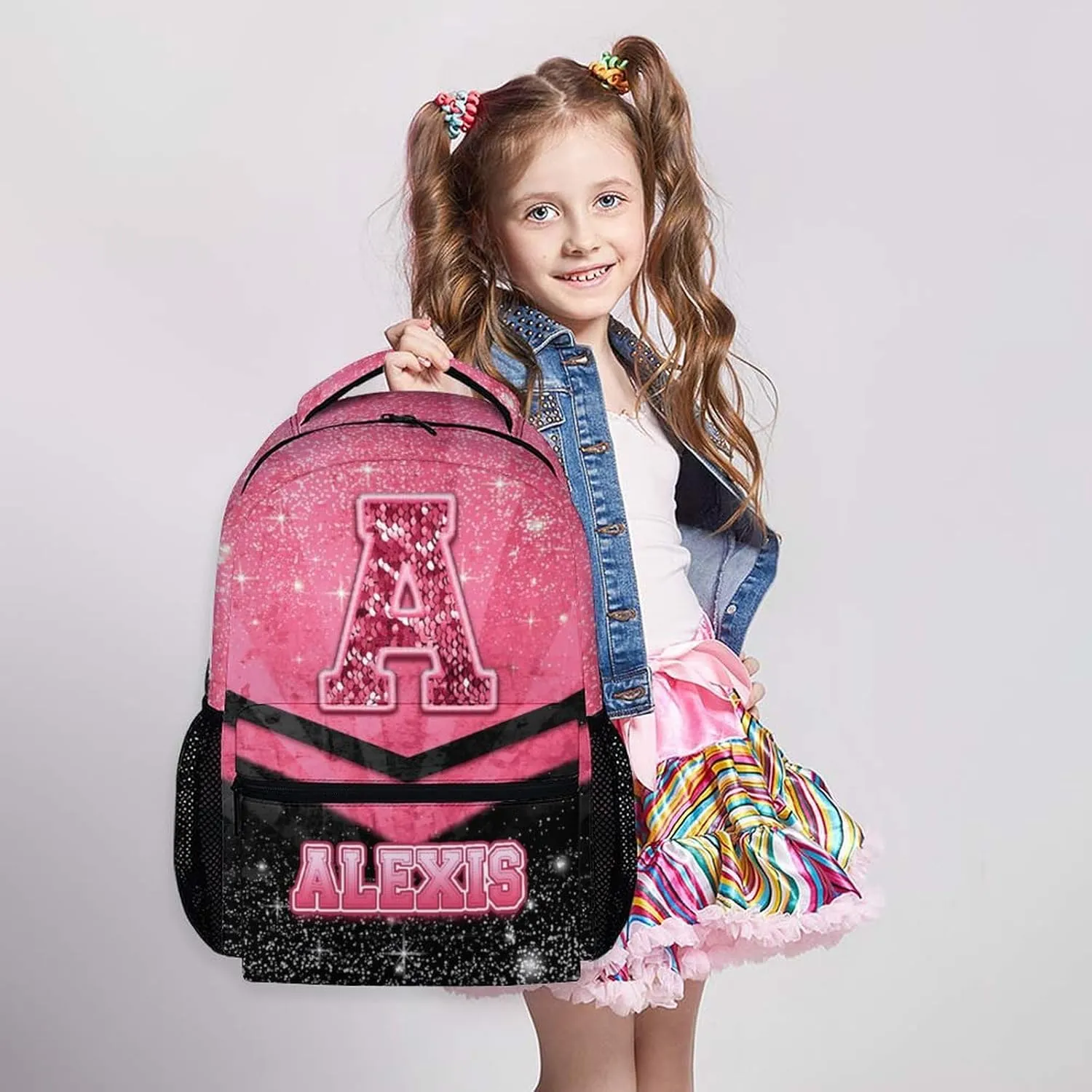 Custom School Backpack for Girls 3-10 - Personalized Glitter Initial Name Backpack for Kids Kindergarten Preschool Primary - 17 Inch Black & Pink Student Cheerleader Bookbag for Travel Work School