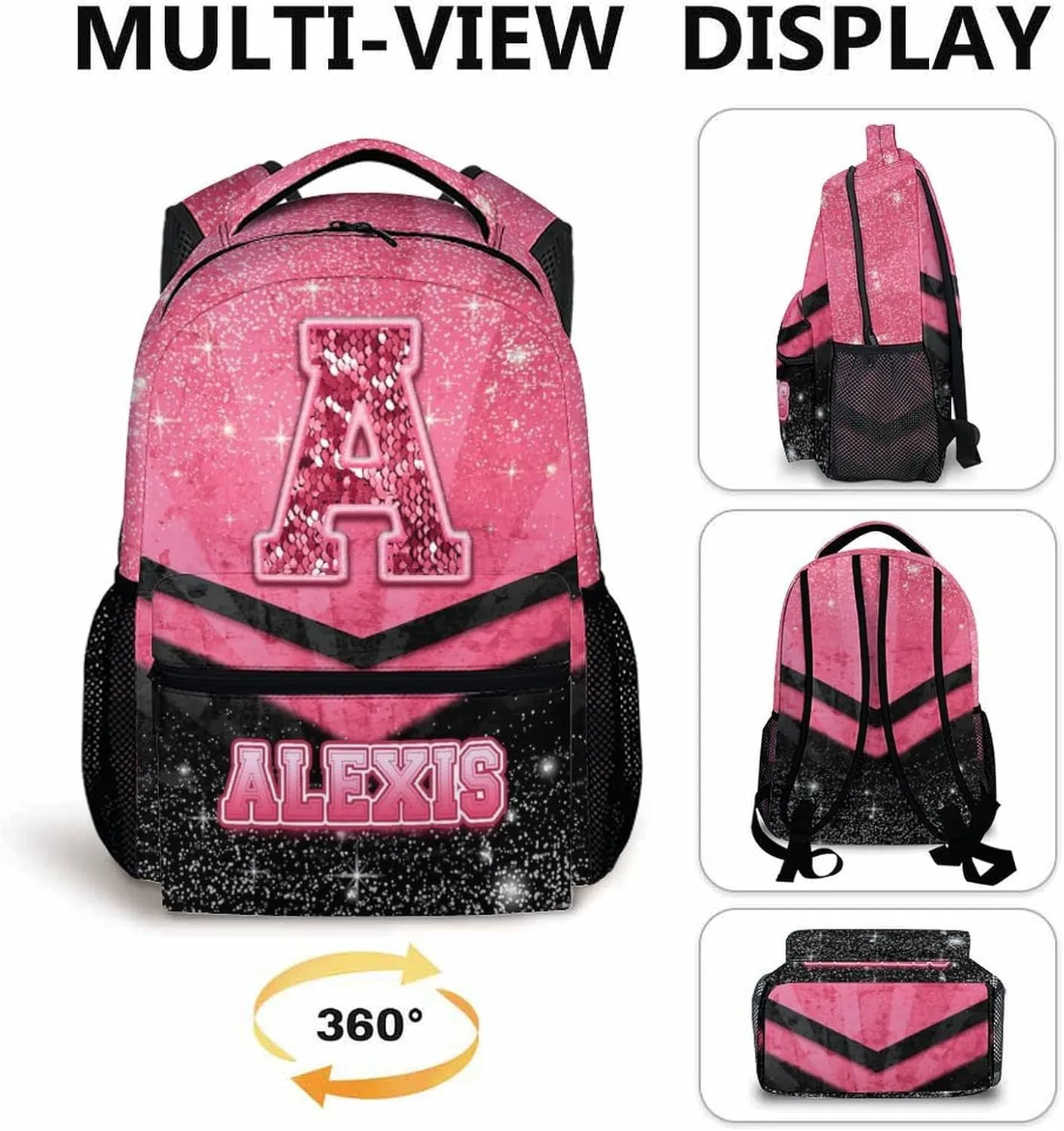 Custom School Backpack for Girls 3-10 - Personalized Glitter Initial Name Backpack for Kids Kindergarten Preschool Primary - 17 Inch Black & Pink Student Cheerleader Bookbag for Travel Work School