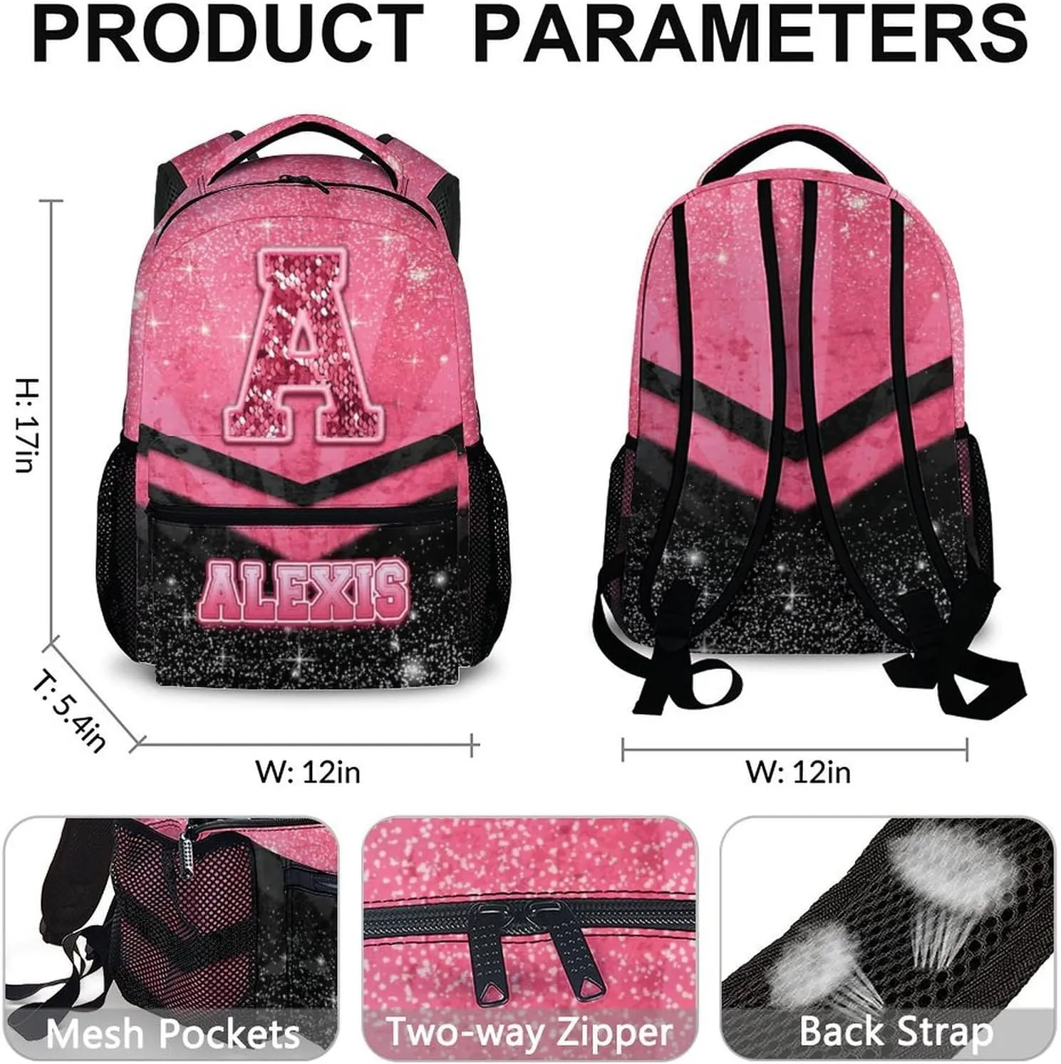 Custom School Backpack for Girls 3-10 - Personalized Glitter Initial Name Backpack for Kids Kindergarten Preschool Primary - 17 Inch Black & Pink Student Cheerleader Bookbag for Travel Work School