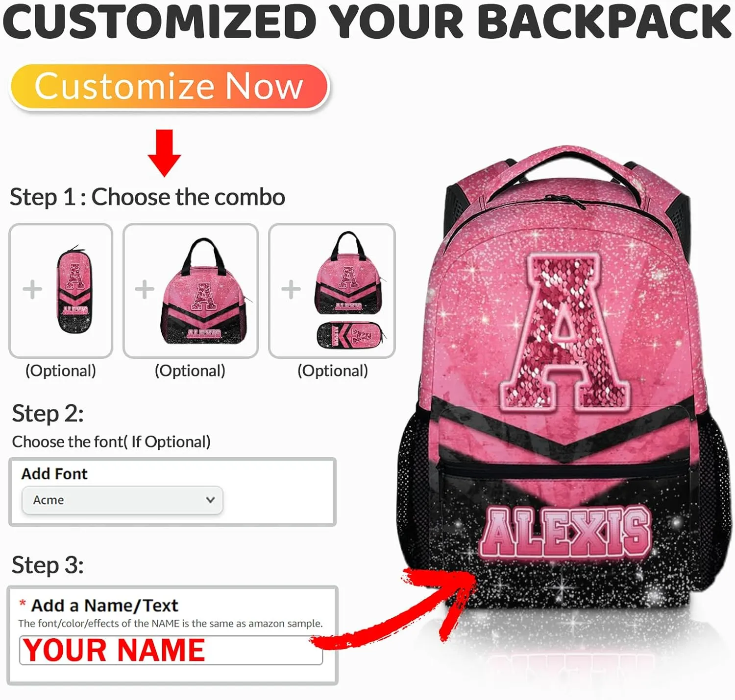 Custom School Backpack for Girls 3-10 - Personalized Glitter Initial Name Backpack for Kids Kindergarten Preschool Primary - 17 Inch Black & Pink Student Cheerleader Bookbag for Travel Work School