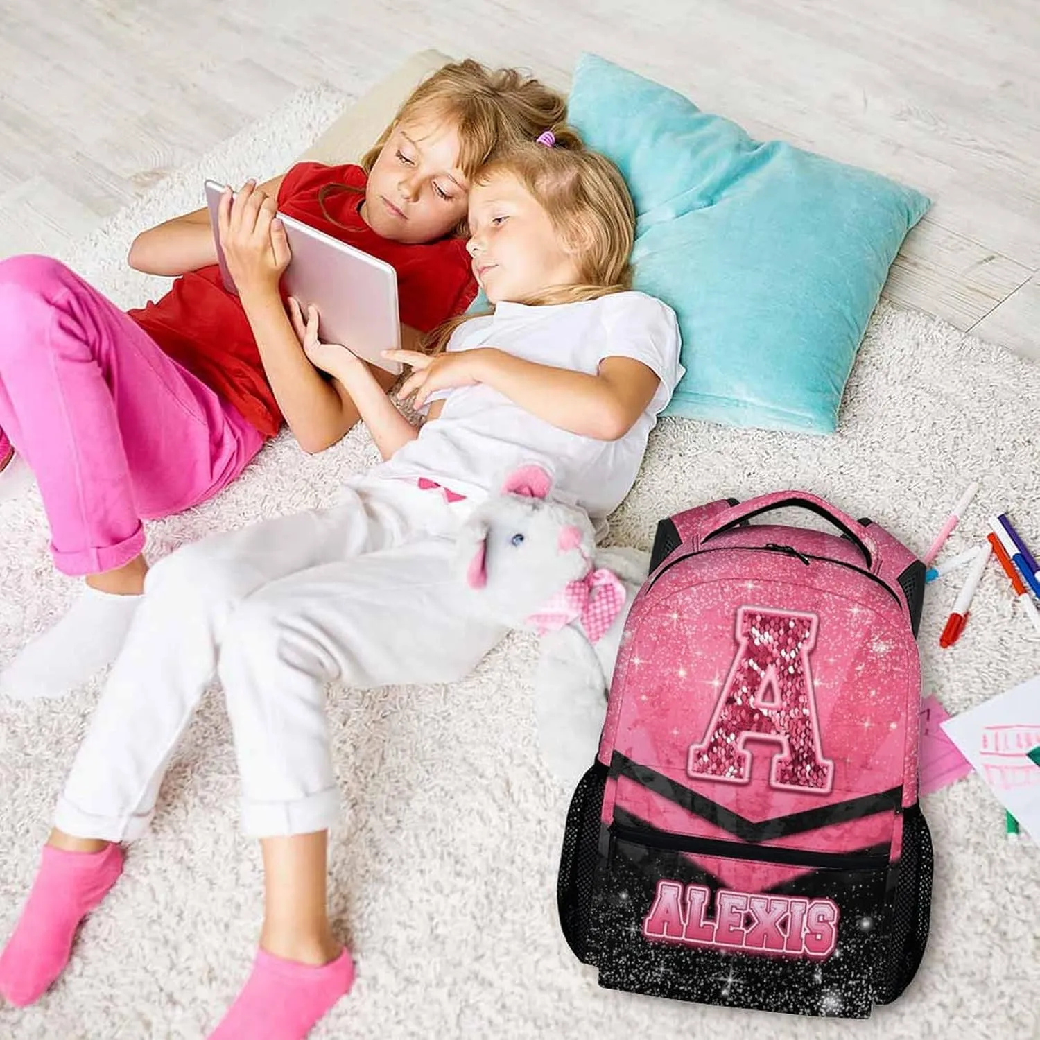 Custom School Backpack for Girls 3-10 - Personalized Glitter Initial Name Backpack for Kids Kindergarten Preschool Primary - 17 Inch Black & Pink Student Cheerleader Bookbag for Travel Work School