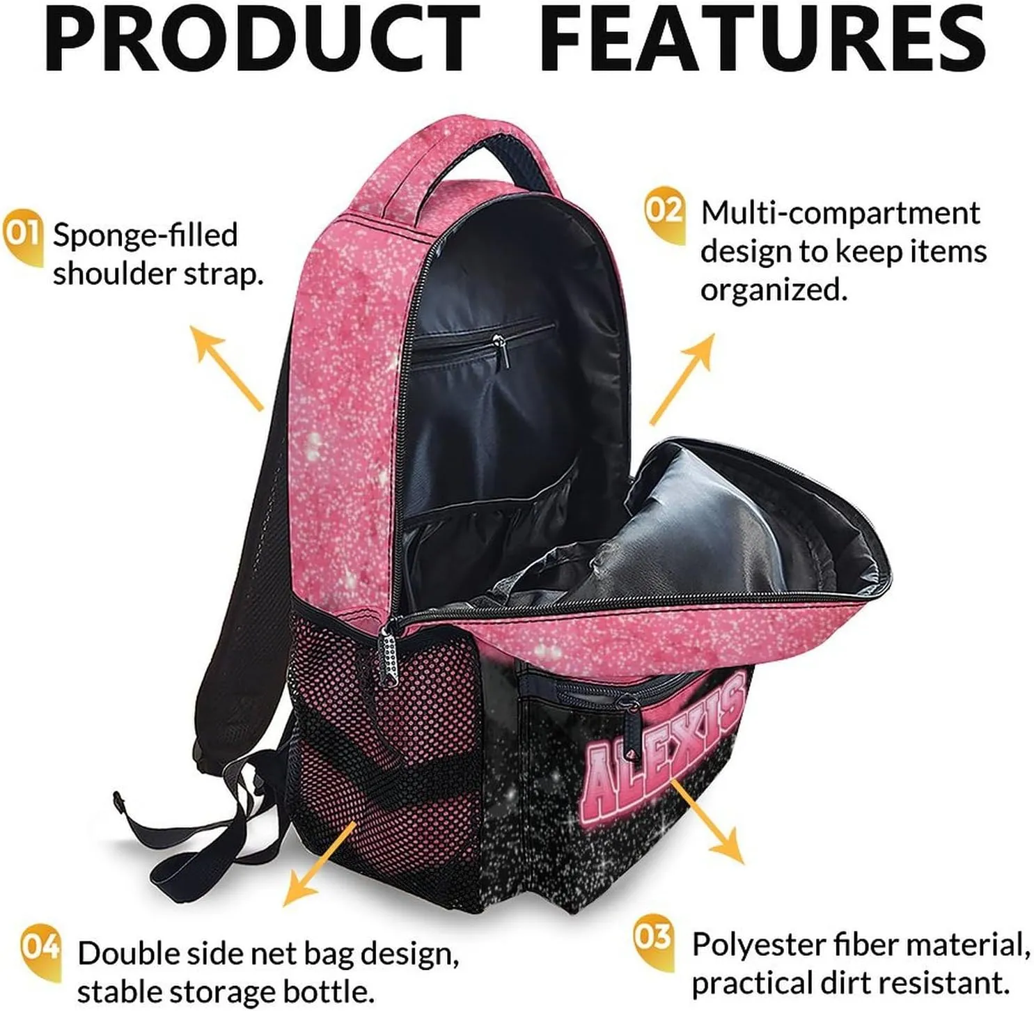 Custom School Backpack for Girls 3-10 - Personalized Glitter Initial Name Backpack for Kids Kindergarten Preschool Primary - 17 Inch Black & Pink Student Cheerleader Bookbag for Travel Work School