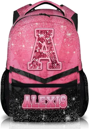 Custom School Backpack for Girls 3-10 - Personalized Glitter Initial Name Backpack for Kids Kindergarten Preschool Primary - 17 Inch Black & Pink Student Cheerleader Bookbag for Travel Work School