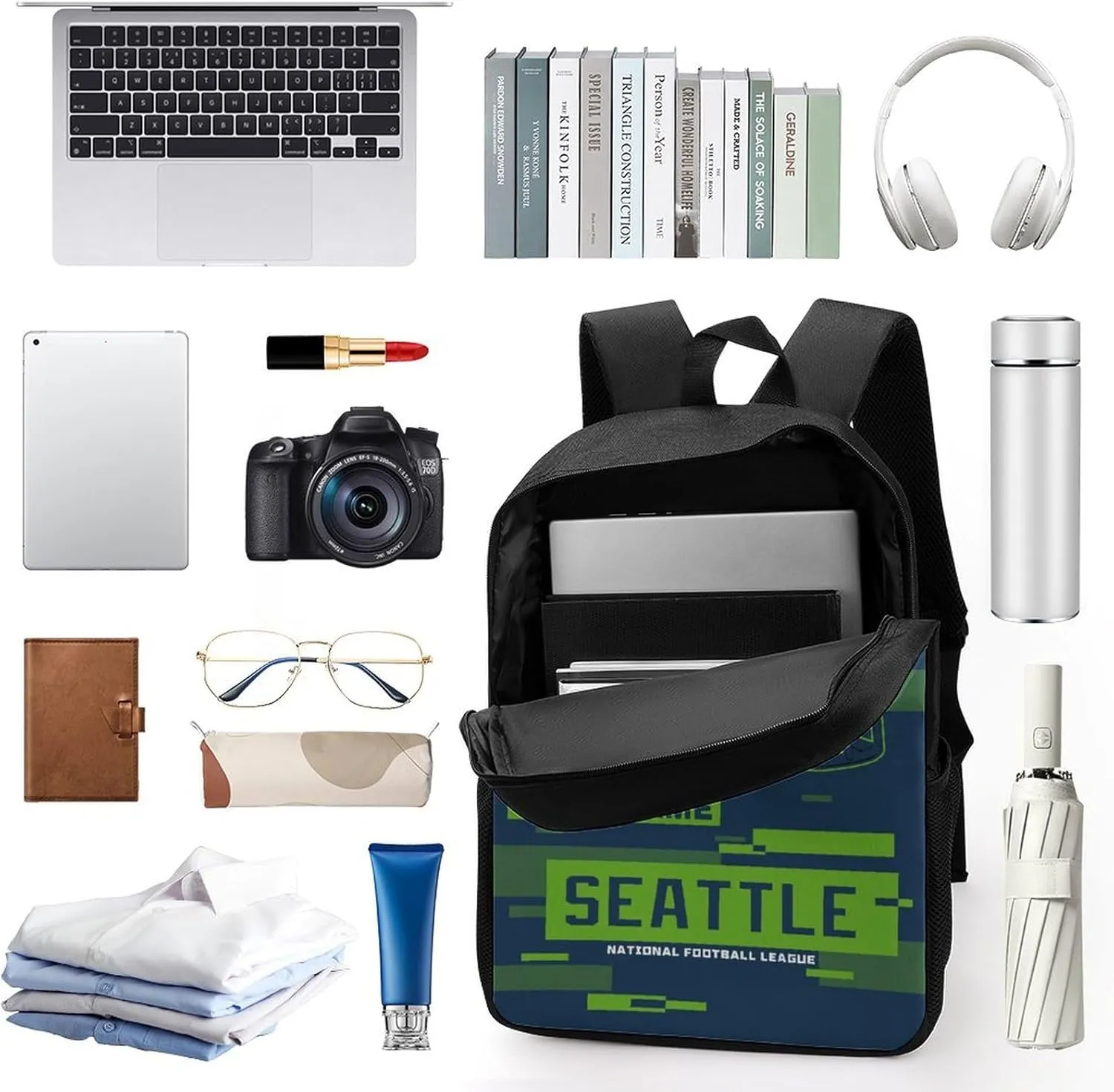 Custom Seattle Backpack Personalized Name Number 17 Inch Laptop Shoulder Bag Fan Gift for Boy Girl Men Women