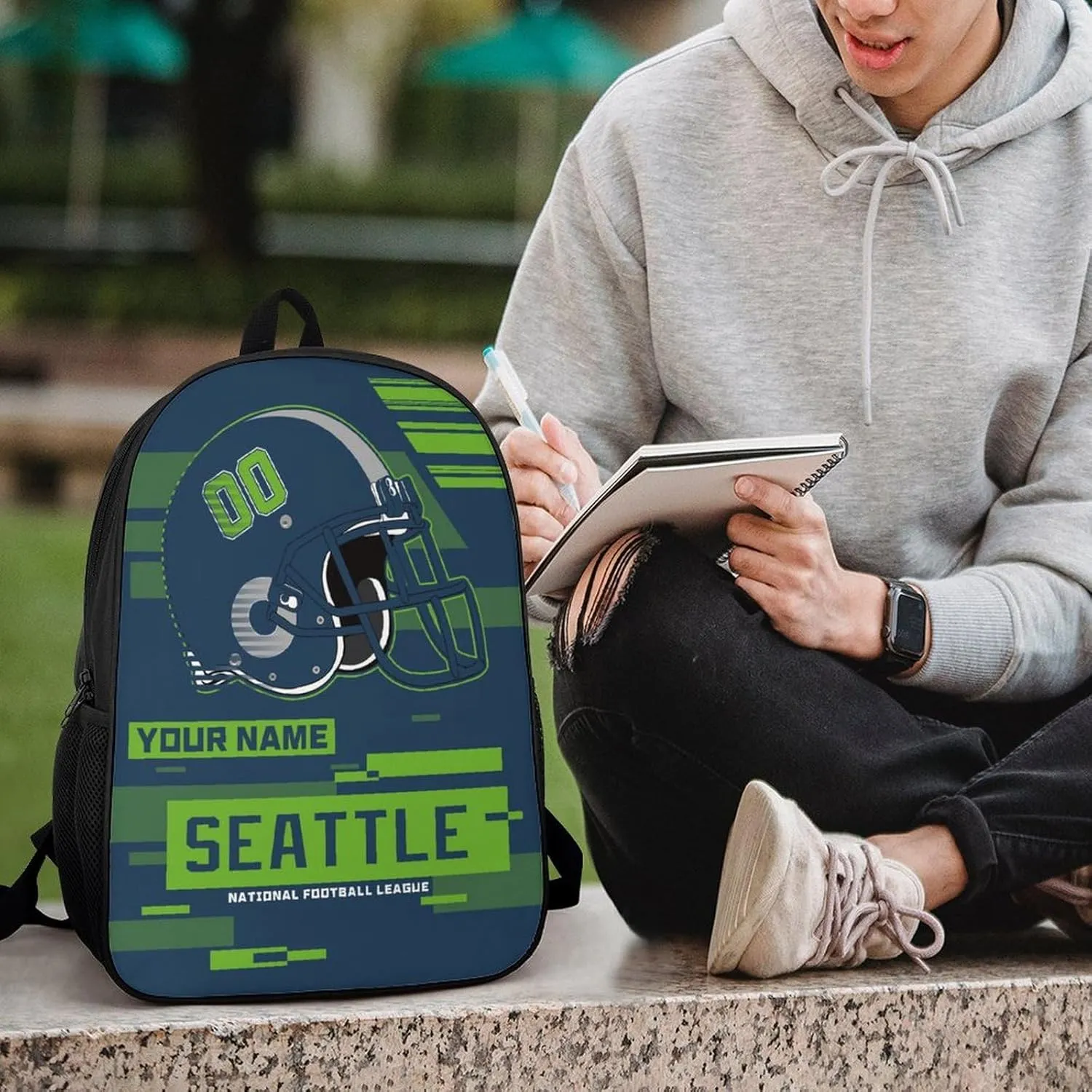 Custom Seattle Backpack Personalized Name Number 17 Inch Laptop Shoulder Bag Fan Gift for Boy Girl Men Women
