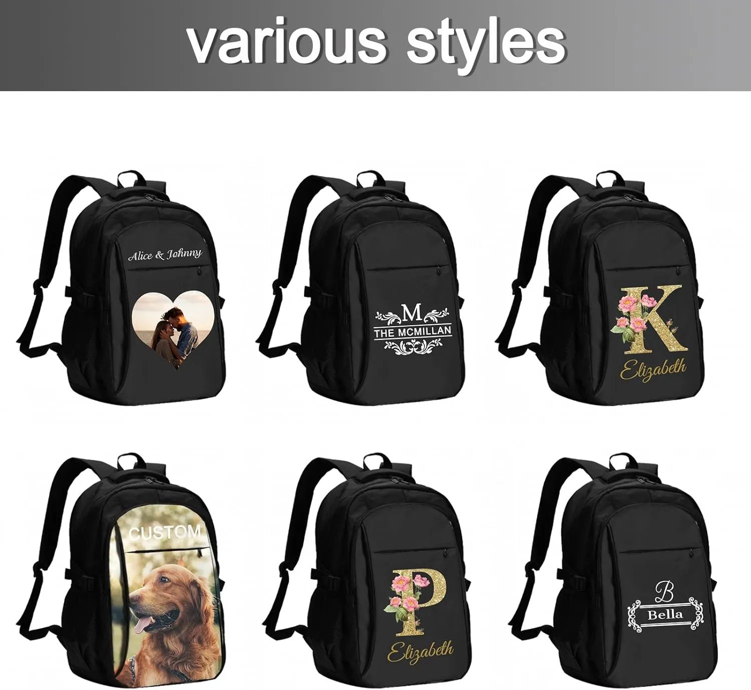 Custom Travel Laptop Backpack Personalized Name bags with Photo Customized Computer USB Bags for Women Men Heart