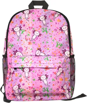 Cute Axolotl Salamander Pink School Bag, elementary kindergarten bookbag for children, teens, adults, girls, boys, kids Backpack Travel Bags, Easter, thanksgiving, birthday gifts (Pink)