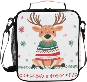 Cute Christmas Reindeer White Lunch Box for Kids Girls Boys Insulated Lunch Bag for Women Men Large Cooler Bag Leakproof Lunchbox Reusable with Adjustable Shoulder Strap for Adult Work Picnic Travel