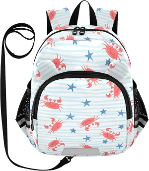 Cute Crab Cartoon Preschool Backpack Blue Lines Daycare Bookbag School Backpack with Traction Rope for Kids 3-6