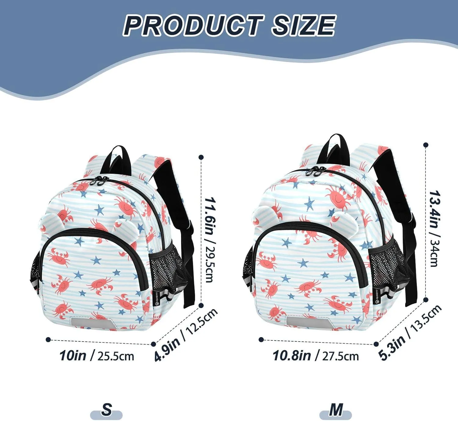 Cute Crab Cartoon Preschool Backpack Blue Lines Daycare Bookbag School Backpack with Traction Rope for Kids 3-6