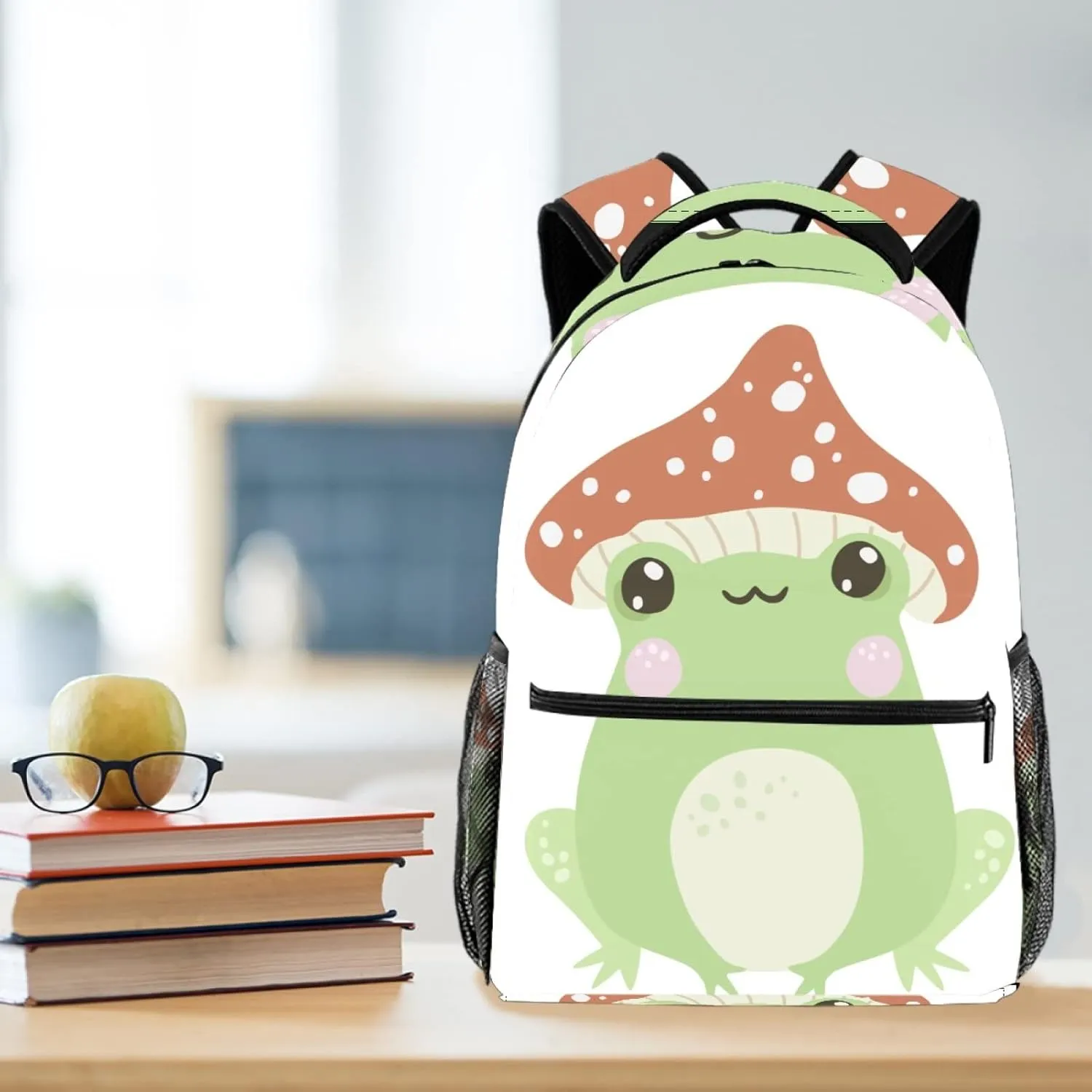 Cute Frog with Mushroom Hat Casual School Backpack for Teen Girls Boys, Shoulder Bag for Men Women