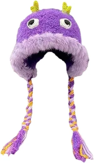 Cute Novelty Cartoon Fuzzy Bucket Hats for Women Girls Windproof Faux Fur Trim Braided Drawstring Winter Warm Earflaps Caps