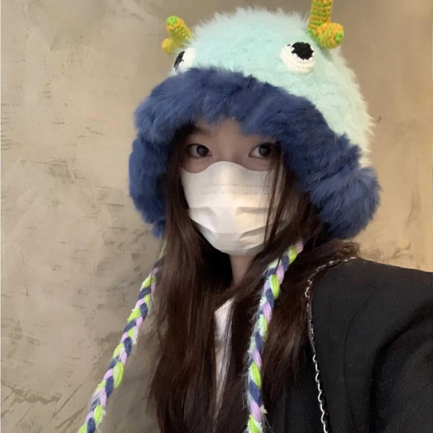 Cute Novelty Cartoon Fuzzy Bucket Hats for Women Girls Windproof Faux Fur Trim Braided Drawstring Winter Warm Earflaps Caps
