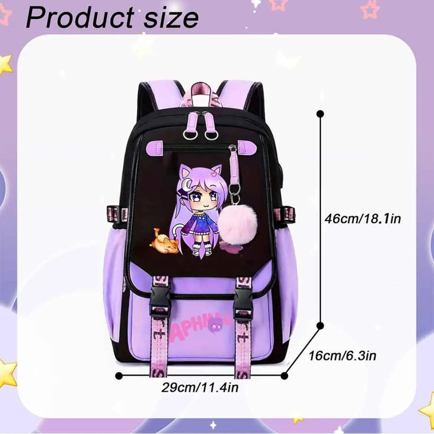 Cute School Backpack for Girls Kawaii Travel Laptop Bookbag School Bags Cartoon 18 Inch Child Kids Backpacks Purple