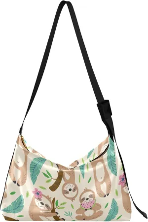 Cute Sloth Hanging Beige Soft Leather Handbags Hobo Large Womens Purse Design Animal Print Crossbody Hobo Purse