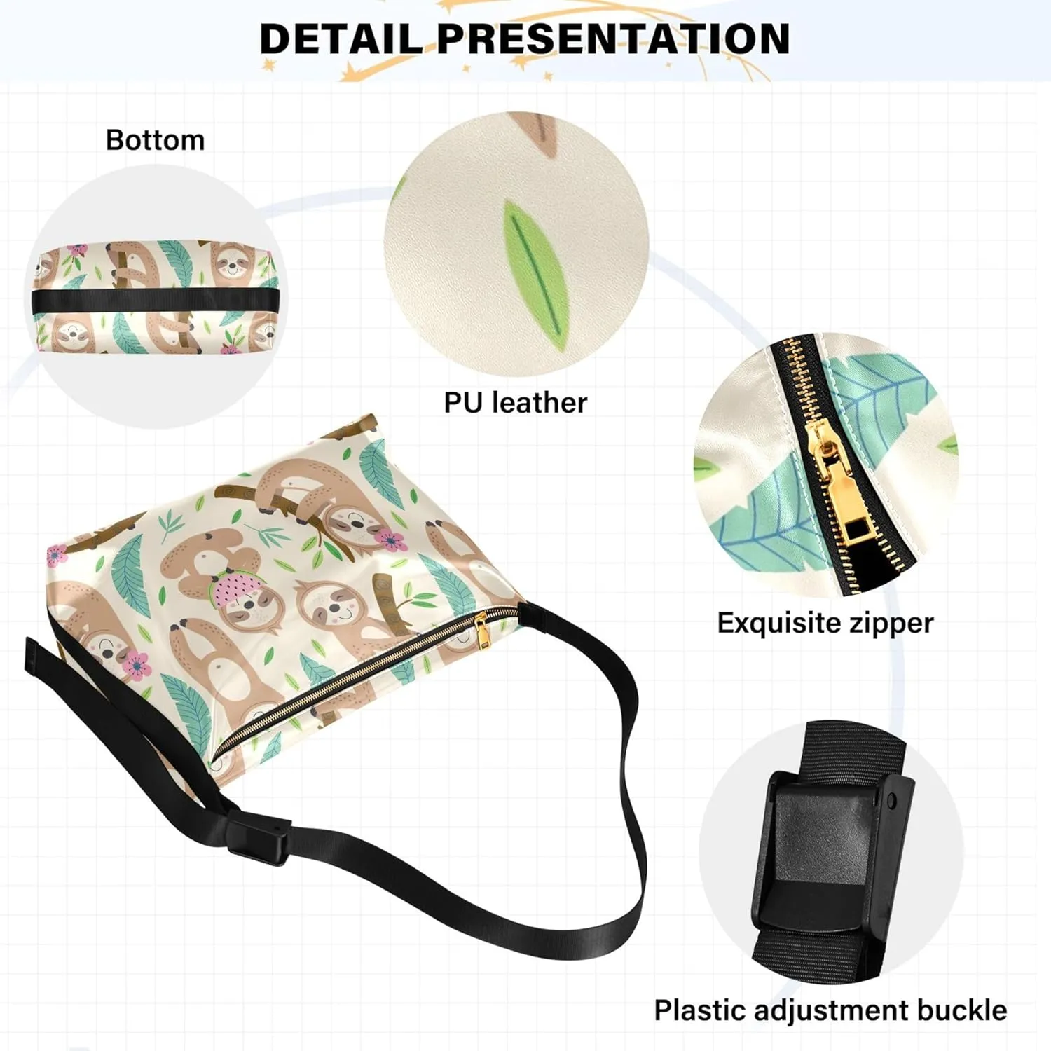 Cute Sloth Hanging Beige Soft Leather Handbags Hobo Large Womens Purse Design Animal Print Crossbody Hobo Purse