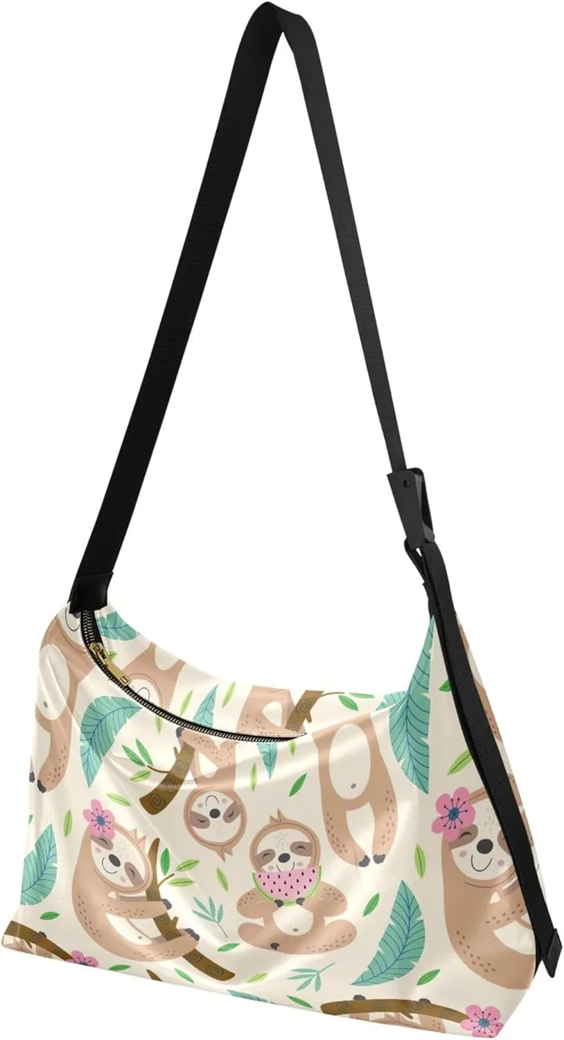 Cute Sloth Hanging Beige Soft Leather Handbags Hobo Large Womens Purse Design Animal Print Crossbody Hobo Purse