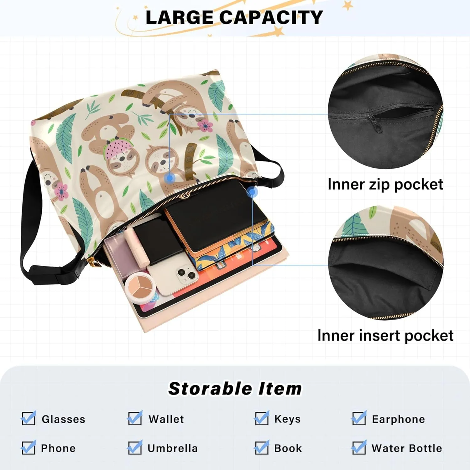 Cute Sloth Hanging Beige Soft Leather Handbags Hobo Large Womens Purse Design Animal Print Crossbody Hobo Purse