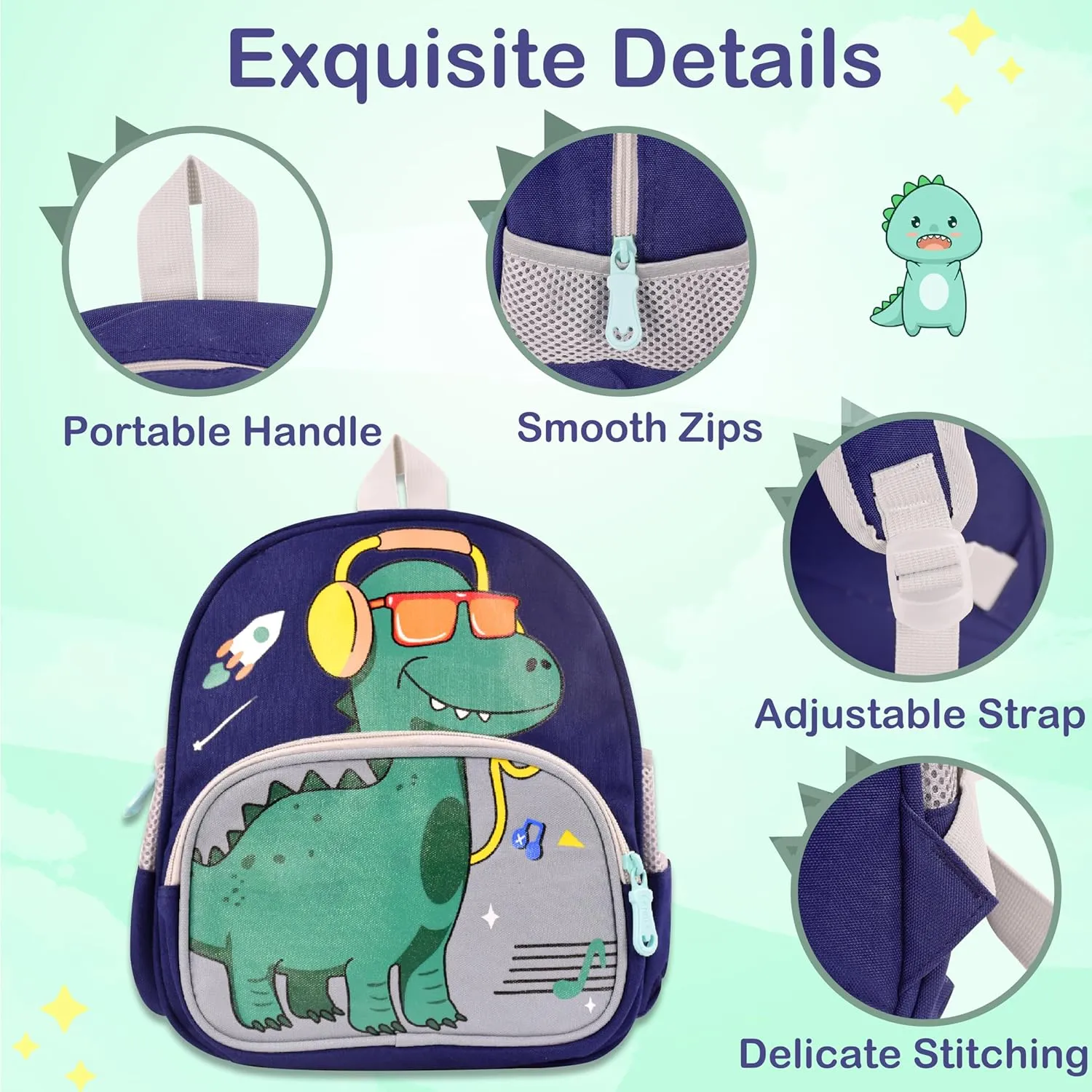 Cute Toddler Backpack Preschool Dinosaur Schoolbag for 2-6 Boys Kindergarten Children Travel Bookbag (Dark Blue)
