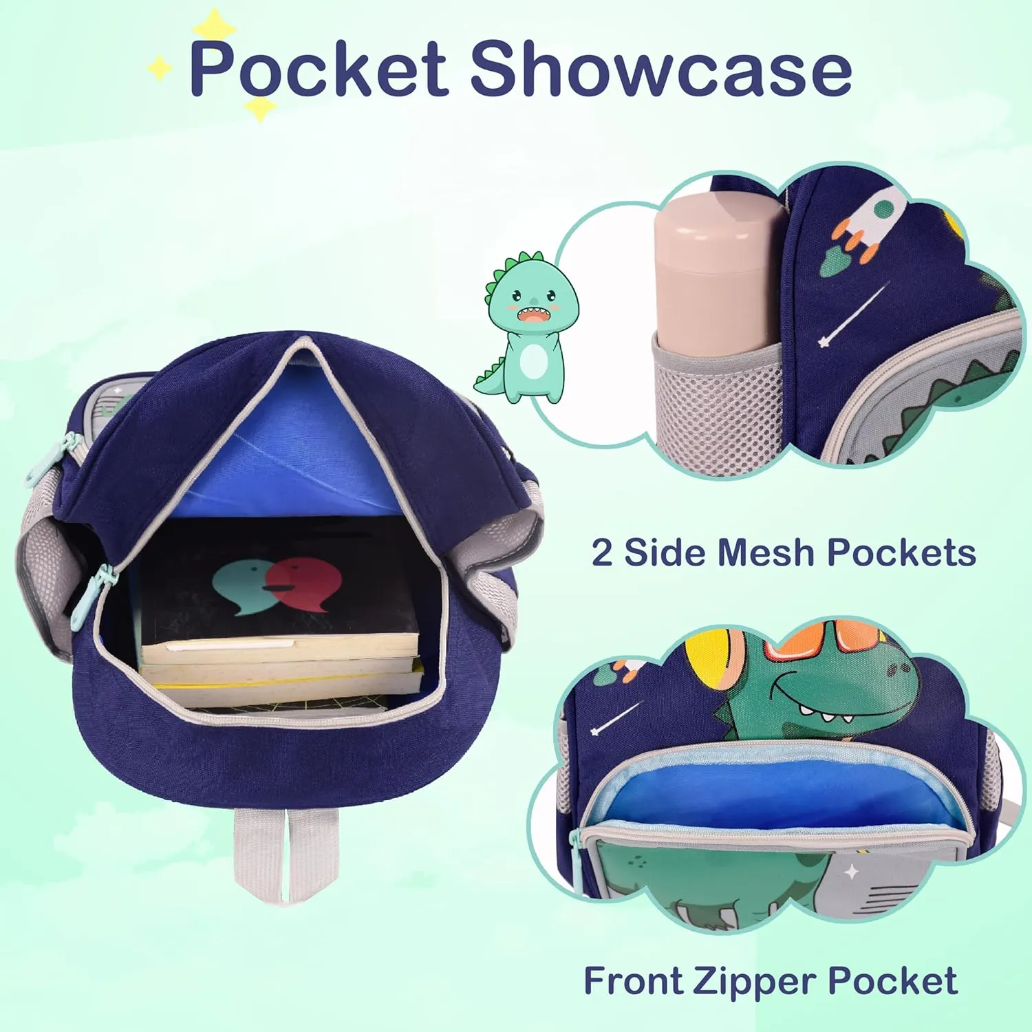 Cute Toddler Backpack Preschool Dinosaur Schoolbag for 2-6 Boys Kindergarten Children Travel Bookbag (Dark Blue)